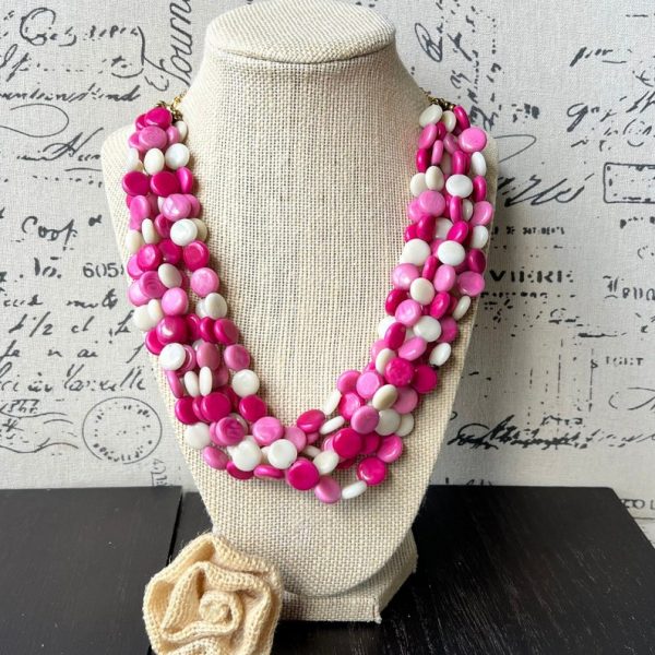 Pink and White Multi Layer Bib Necklace with Adjustable Golden